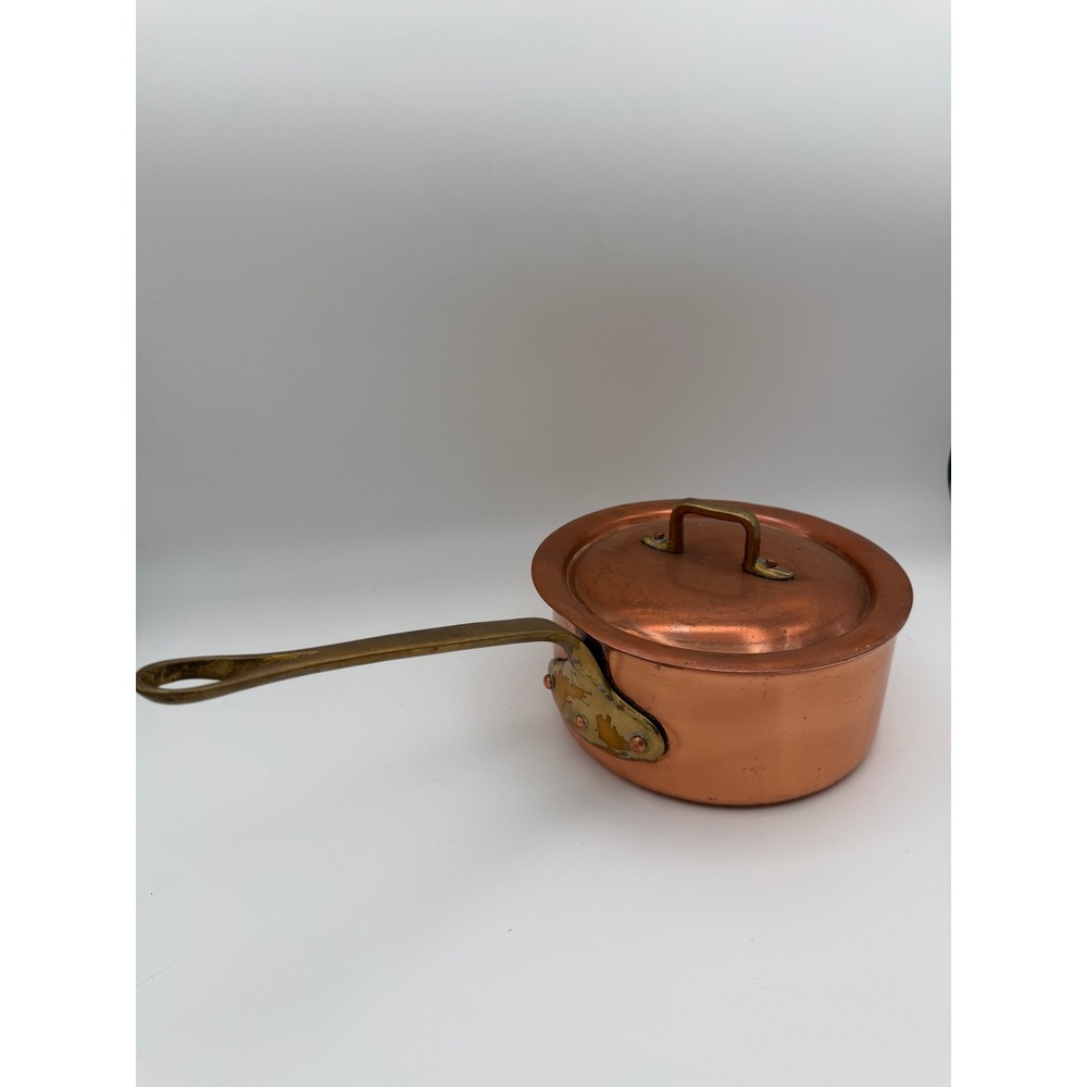 Vintage Copral Copper Saucepan with Lid Made in Portugal Brass Handle 7 inch
